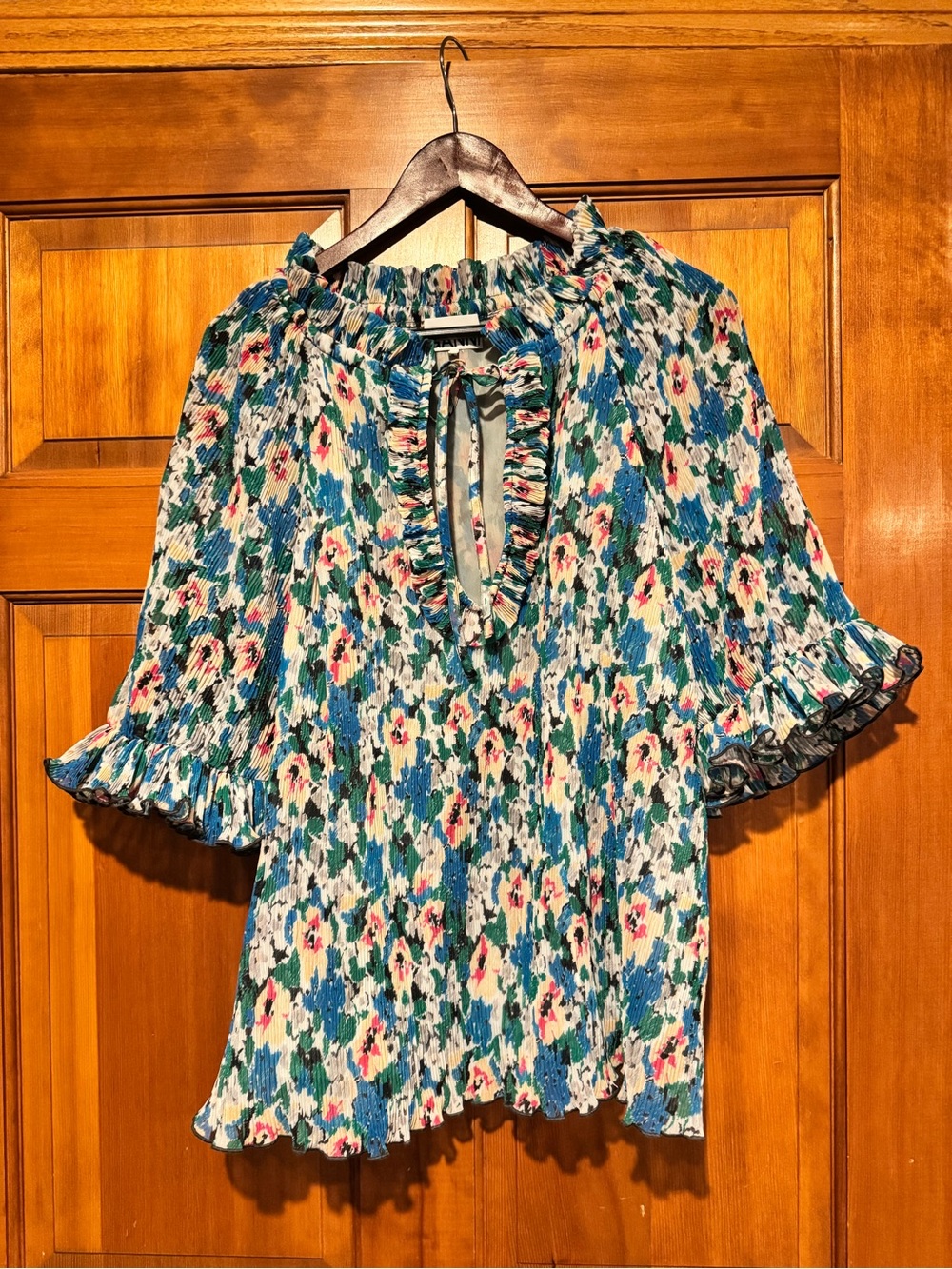 Ganni Floral Ruffle Tie-Neck Top in Teal and Cream